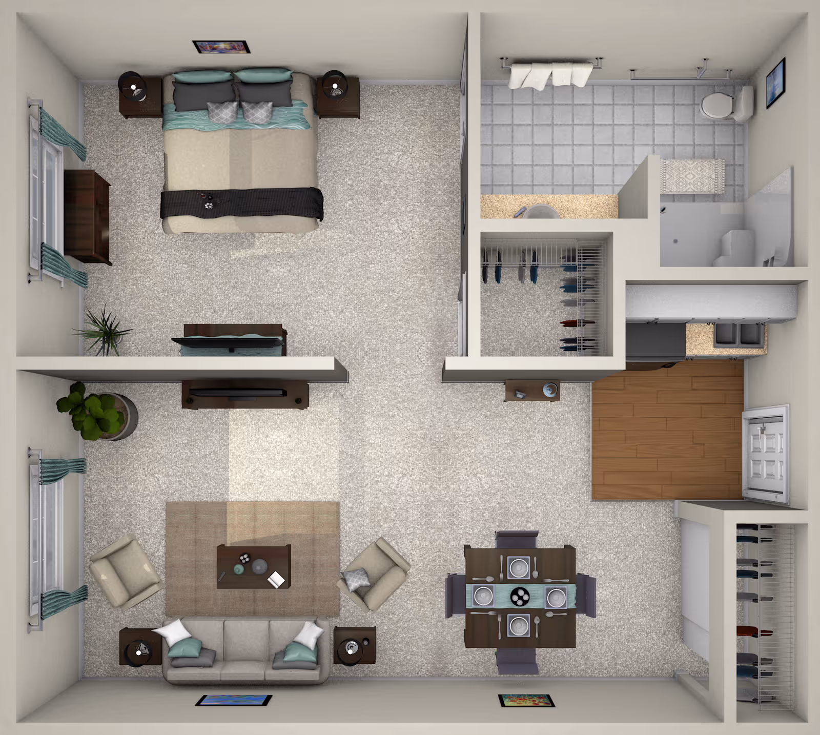 Top-down view of a one-bedroom apartment floor plan featuring a bedroom with a double bed, two nightstands, and a dresser. Adjacent to the bedroom is a bathroom with a shower, toilet, and sink. The living area includes a sofa, two armchairs, a coffee table, and a TV stand. There is a dining area with a table set for four and a kitchen with appliances and cabinetry. Two closets are visible, one near the bathroom and one near the kitchen entrance.