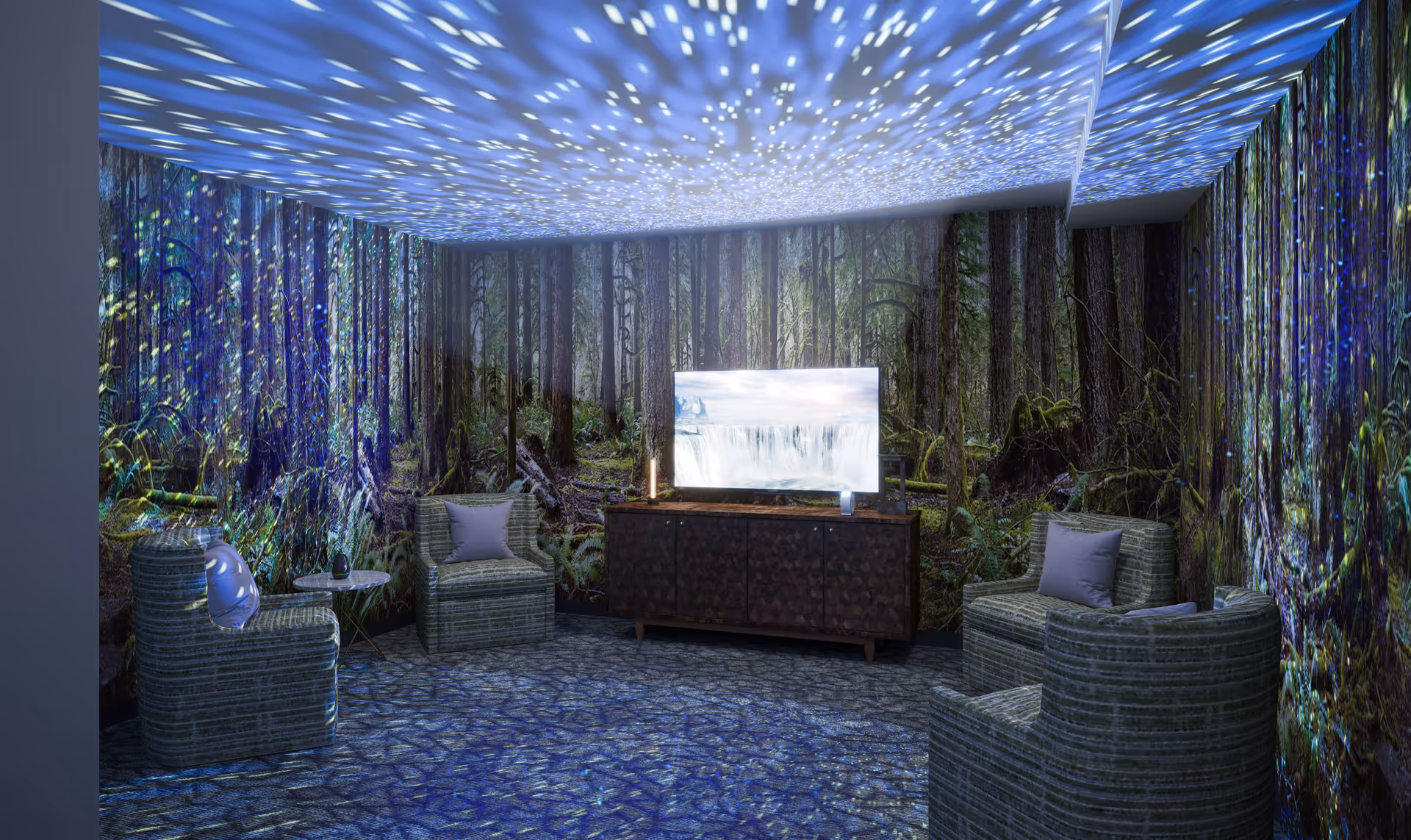 A lounge with forest-themed wall murals, starry blue ceiling lighting, four upholstered chairs and a TV on a wooden credenza.
