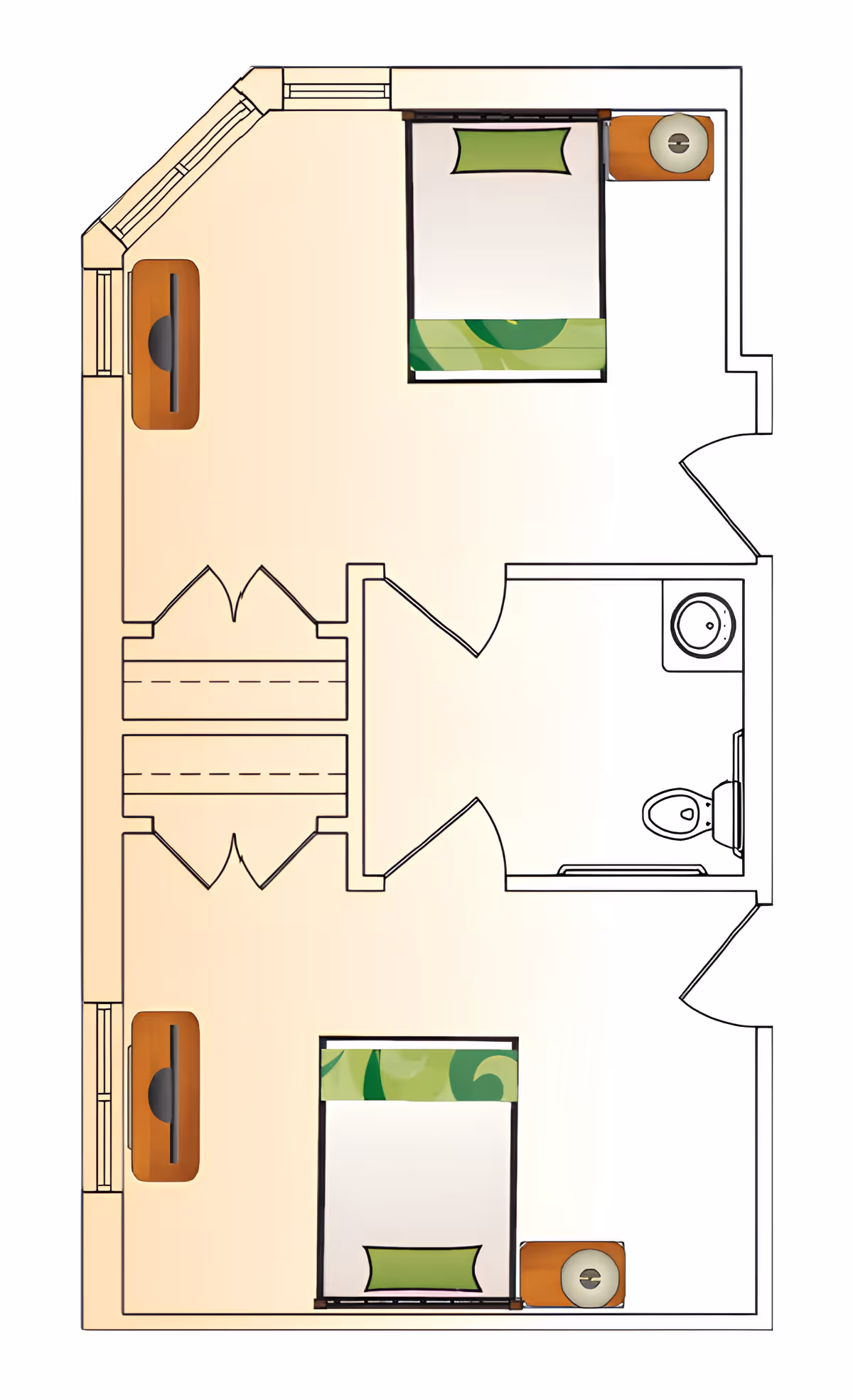 Floor plan of a living space with two bedrooms, each containing a bed, nightstand, and dresser. There is a shared bathroom with a toilet and sink, and closets between the bedrooms.