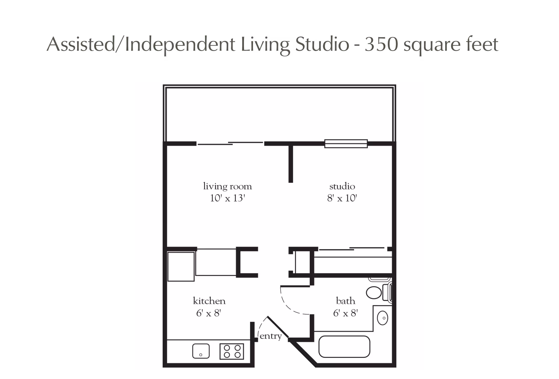 Floor plan of an assisted/independent living studio apartment measuring 350 square feet, showing a living room (10' x 13'), studio area (8' x 10'), kitchen (6' x 8'), bath (6' x 8'), and entry area.