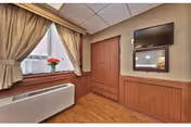 Interior view of a room with wood-paneled walls and flooring, featuring a window with beige curtains and a flower pot on the windowsill. There is a wall-mounted flat-screen TV above a mirror, and a wooden cabinet with drawers below the TV.