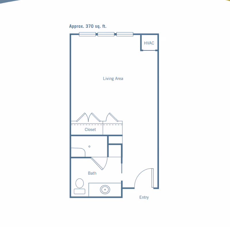 Floor plan of a small living space approximately 370 square feet, showing an entry area leading into a living area with three windows, a closet, a bathroom with a toilet and sink, and an HVAC unit.