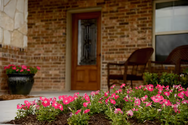 A close-up view of vibrant pink flowers in front of a brick entrance with a wooden door and decorative glass panel.