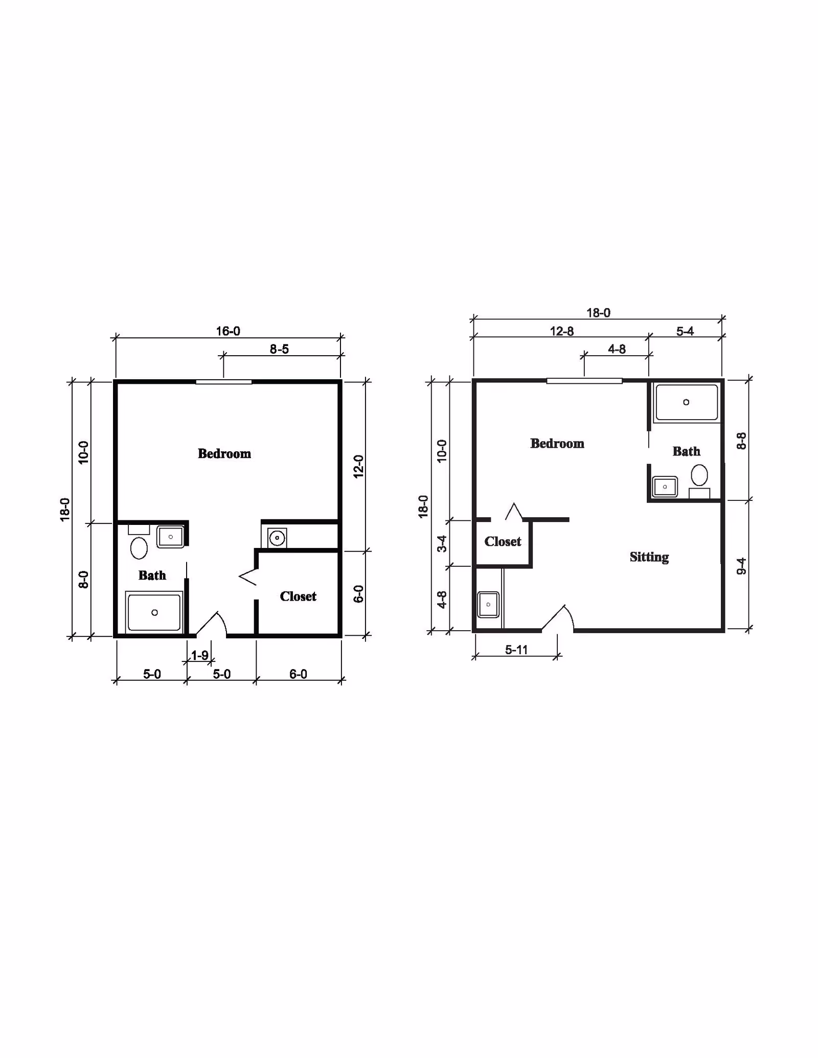 Architectural floor plan showing two different apartment layouts, each with a bedroom, bathroom, and closet. The left layout includes a bedroom, bath, and closet with dimensions labeled. The right layout includes a bedroom, bath, sitting area, and closet with dimensions labeled.