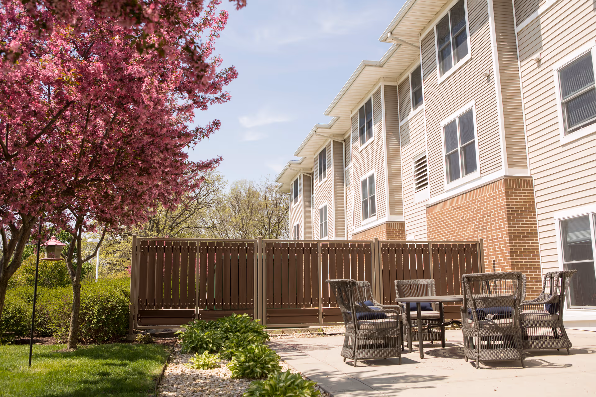 Outdoor patio with wicker chairs and a table beside a blossoming pink tree and the exterior of a multi-story senior living building.