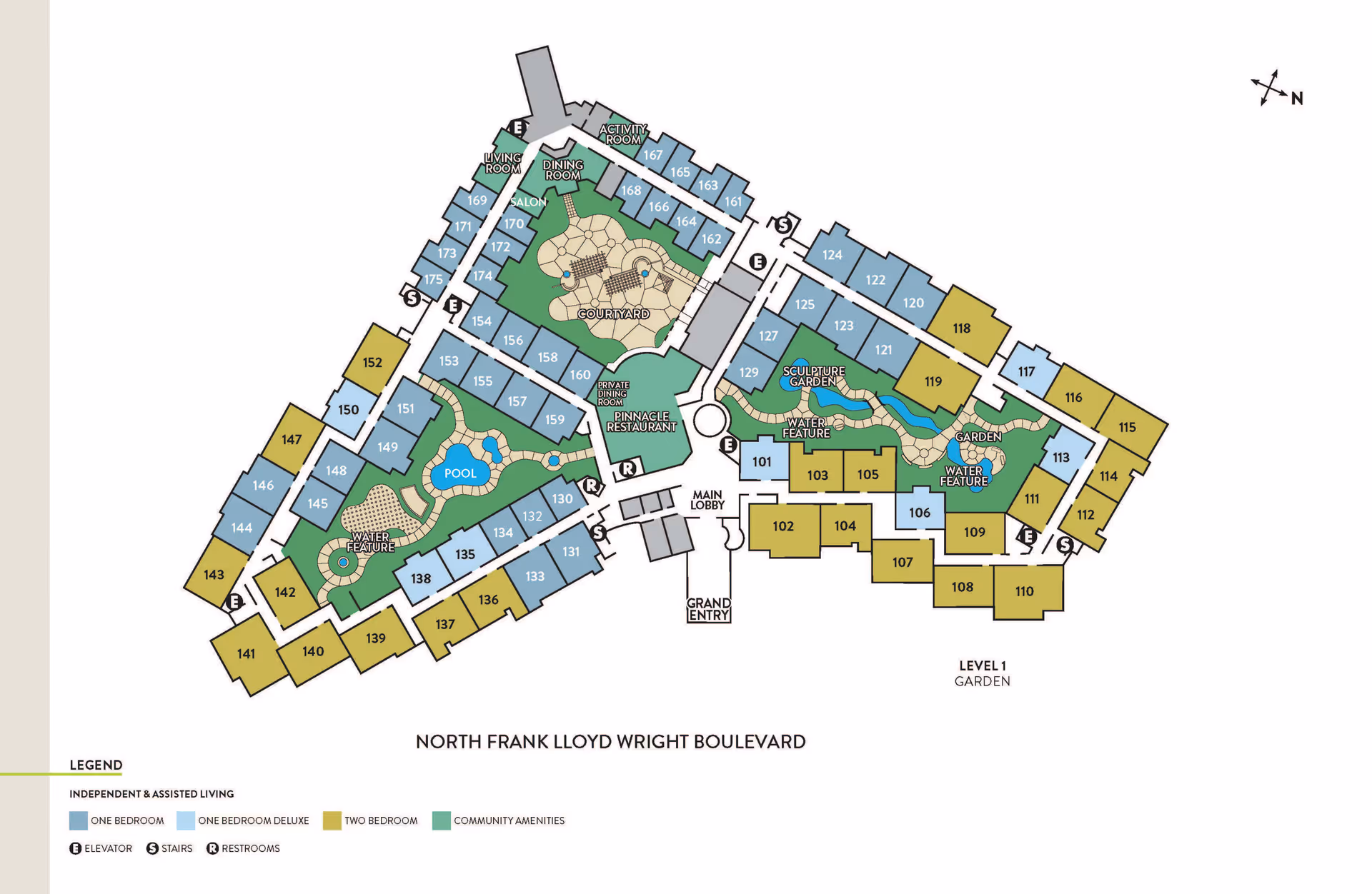 Floor plan of Atria Park Of Sierra Pointe showing Level 1 Garden layout with labeled rooms including one bedroom, one bedroom deluxe, two bedroom units, and community amenities such as pool, courtyard, dining room, living room, activity room, sculpture garden, water features, and garden. The plan includes elevators, stairs, restrooms, and main lobby with grand entry, oriented with a north compass.