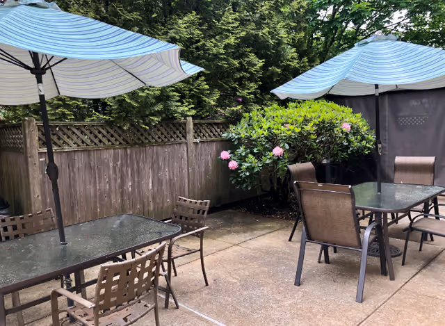 Outdoor patio area with two glass-top tables, each surrounded by four brown metal chairs. Two large blue and white striped umbrellas provide shade. There is a wooden fence and green bushes with pink flowers in the background.
