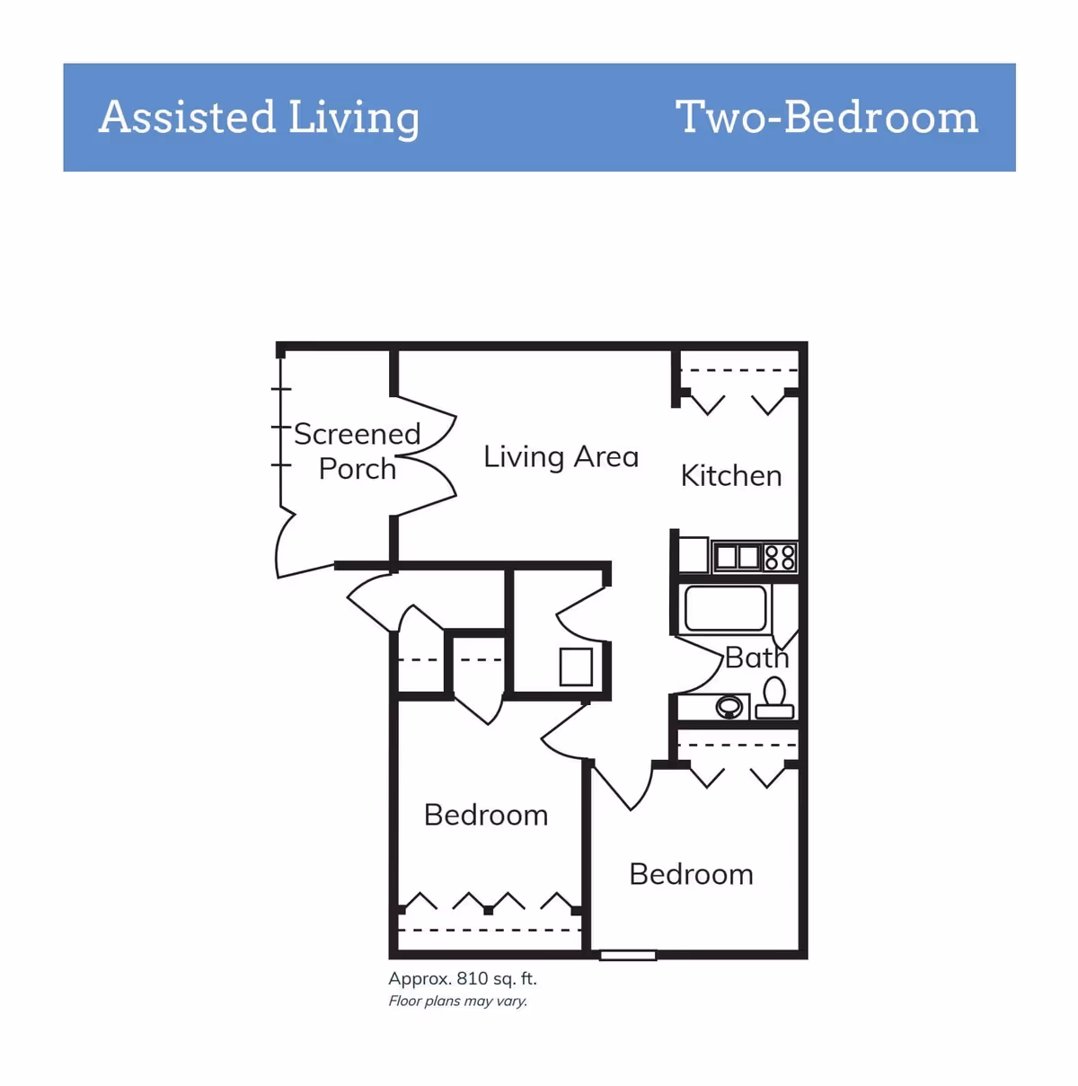 Floor plan of a two-bedroom assisted living unit at Crescent Wood, showing a screened porch, living area, kitchen, bathroom, and two bedrooms with closets. The total area is approximately 810 square feet.