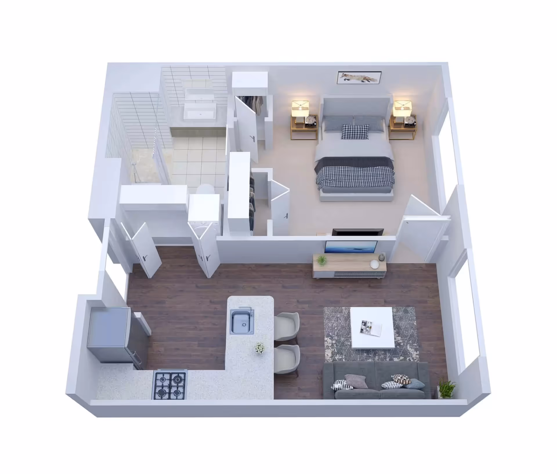 3D floor plan of a one-bedroom apartment featuring a bedroom with a bed and nightstands, a bathroom with a shower, a kitchen with a stove, refrigerator, and sink, and a living area with a sofa, coffee table, and TV stand.