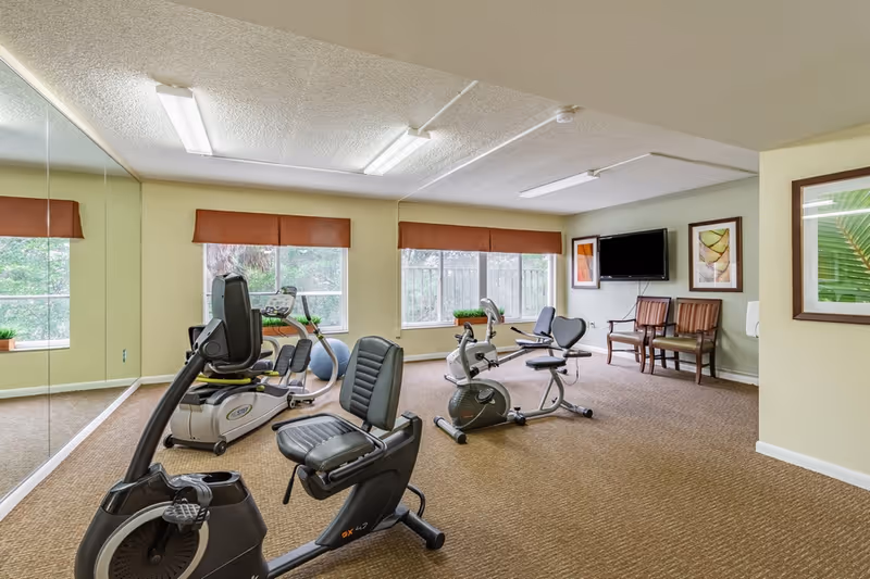 A well-lit exercise room with two recumbent stationary bikes and one upright stationary bike on a carpeted floor. The room has large windows with brown valances, a wall-mounted TV, two wooden chairs, framed artwork, and a large mirror covering one wall.