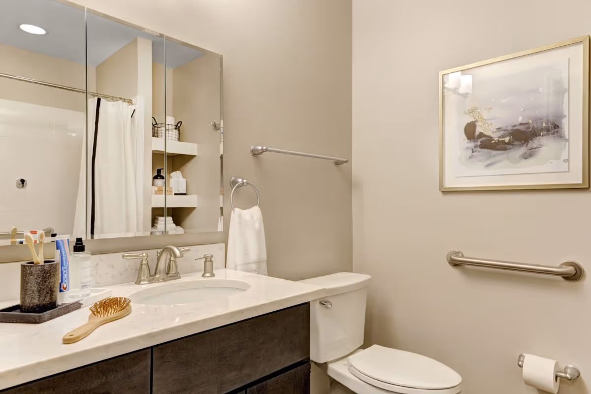 A clean and modern bathroom featuring a white toilet, a marble countertop with a sink, a wooden hairbrush, toothbrushes in a holder, toothpaste, and soap dispenser. There is a large mirror above the sink, shelves with towels and toiletries, a towel ring with a white hand towel, a grab bar next to the toilet, and a framed abstract artwork on the wall.