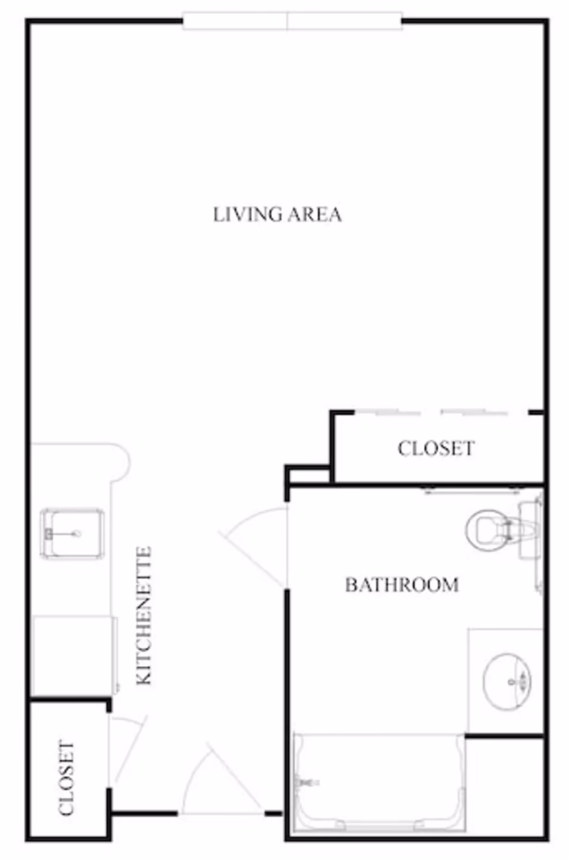 Black-and-white floor plan of a studio layout showing a large living area, kitchenette, bathroom, and closets.