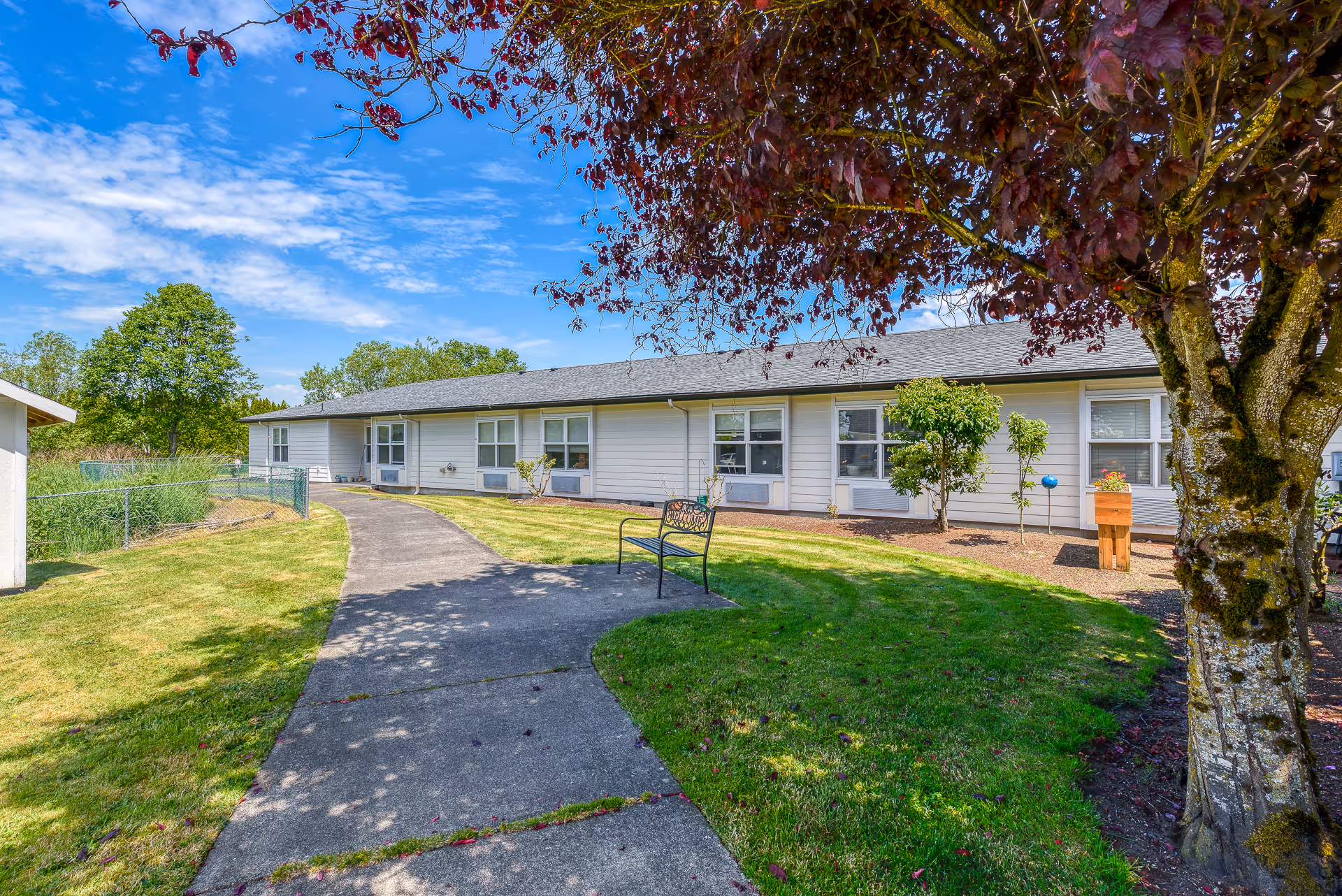 One-story assisted living building with a curved concrete walkway, bench, lawn, and trees under a blue sky.