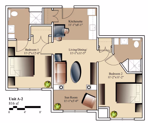Floor plan of Unit A-2 at Cedarbrook Village showing two bedrooms, a kitchenette, a living/dining area, a sun room, and two bathrooms. The layout includes measurements for each room and furniture placement.