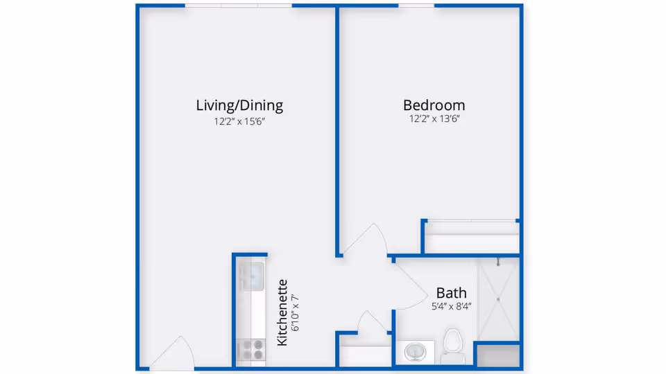 Floor plan layout of a senior living unit at Benchmark Senior Living at Hamden showing a living/dining area measuring 12 feet 2 inches by 15 feet 6 inches, a bedroom measuring 12 feet 2 inches by 13 feet 6 inches, a kitchenette measuring 6 feet 10 inches by 7 feet, and a bathroom measuring 5 feet 4 inches by 8 feet 4 inches.