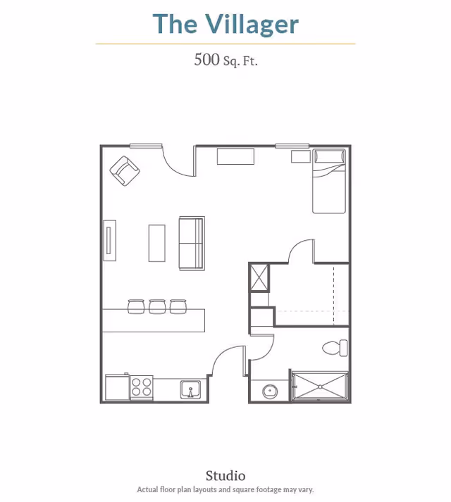 Floor plan of a studio apartment named The Villager with 500 square feet. The layout includes a combined living and sleeping area with a bed, sofa, chair, and TV. There is a kitchen area with a stove, sink, and counter with three stools. The bathroom has a shower, toilet, and sink. There is also a closet space near the bathroom.