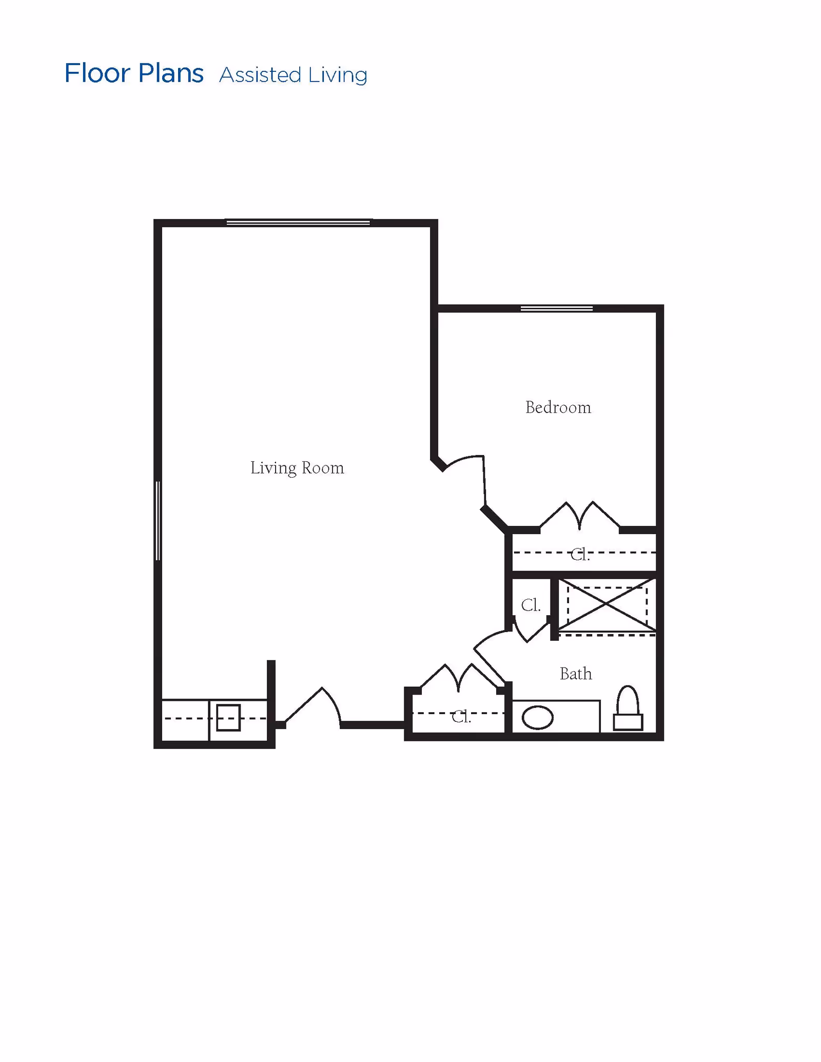 Floor plan of an assisted living unit at Brookdale Greenwood Village showing a living room, bedroom, bathroom, and closets.