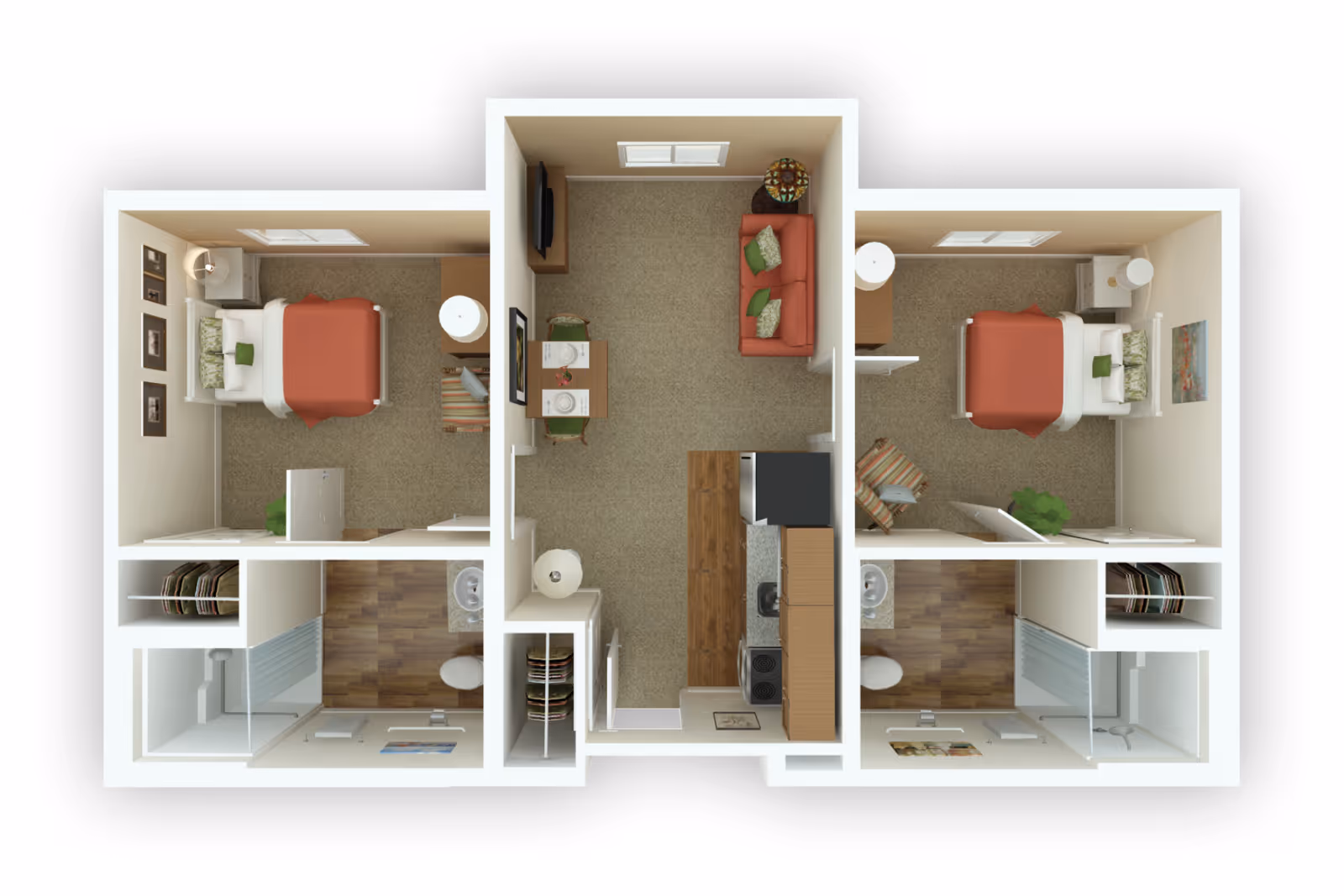 Top-down view of a two-bedroom apartment floor plan featuring two bedrooms with beds, nightstands, and chairs. Each bedroom has an attached bathroom with a shower, toilet, and sink. The central area includes a living room with a sofa and TV, a small dining table with two chairs, and a kitchen with appliances and cabinetry.