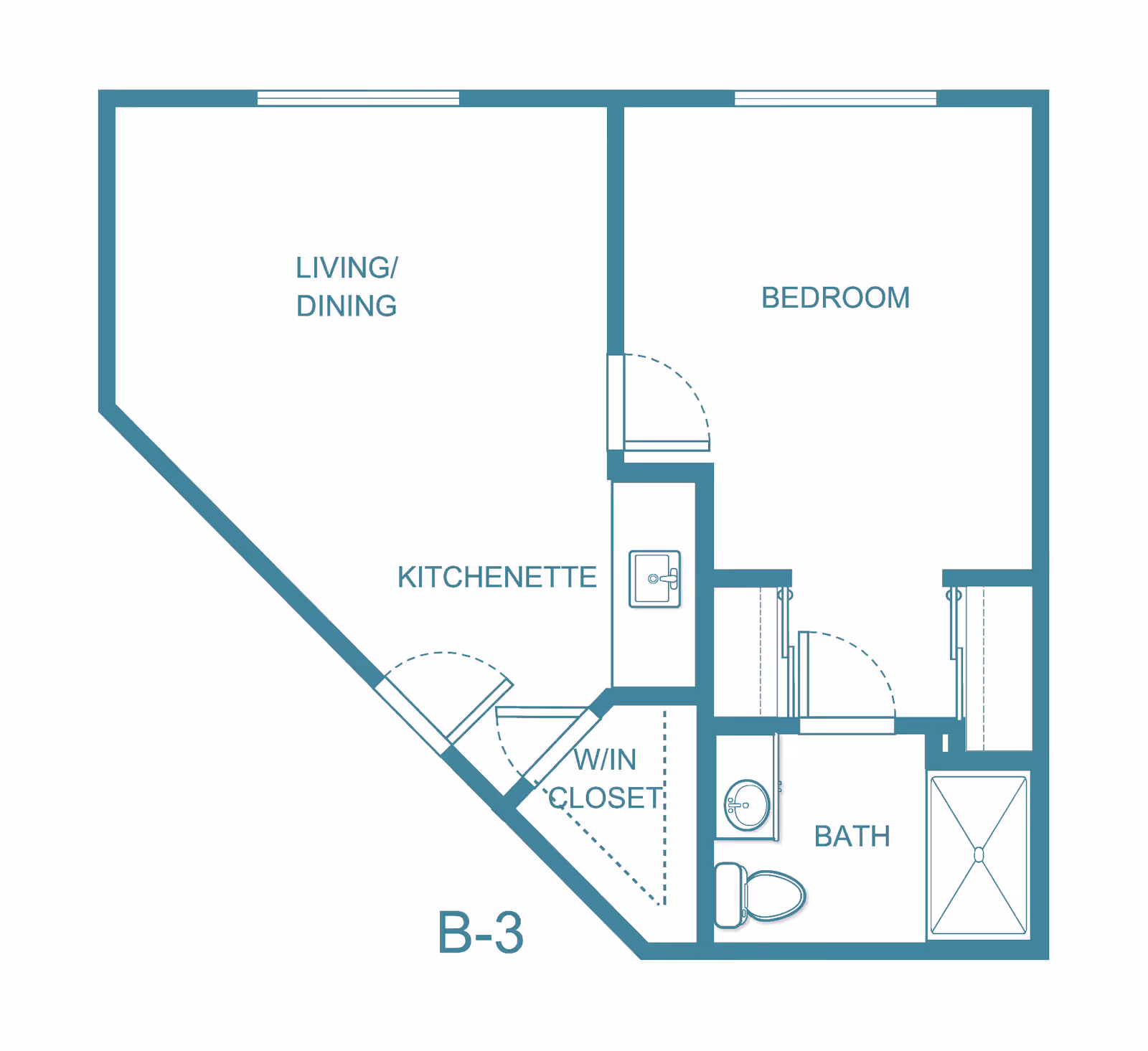 Floor plan layout of a living space labeled B-3, showing a living/dining area, kitchenette, bedroom, walk-in closet, and bathroom with a toilet, sink, and shower.