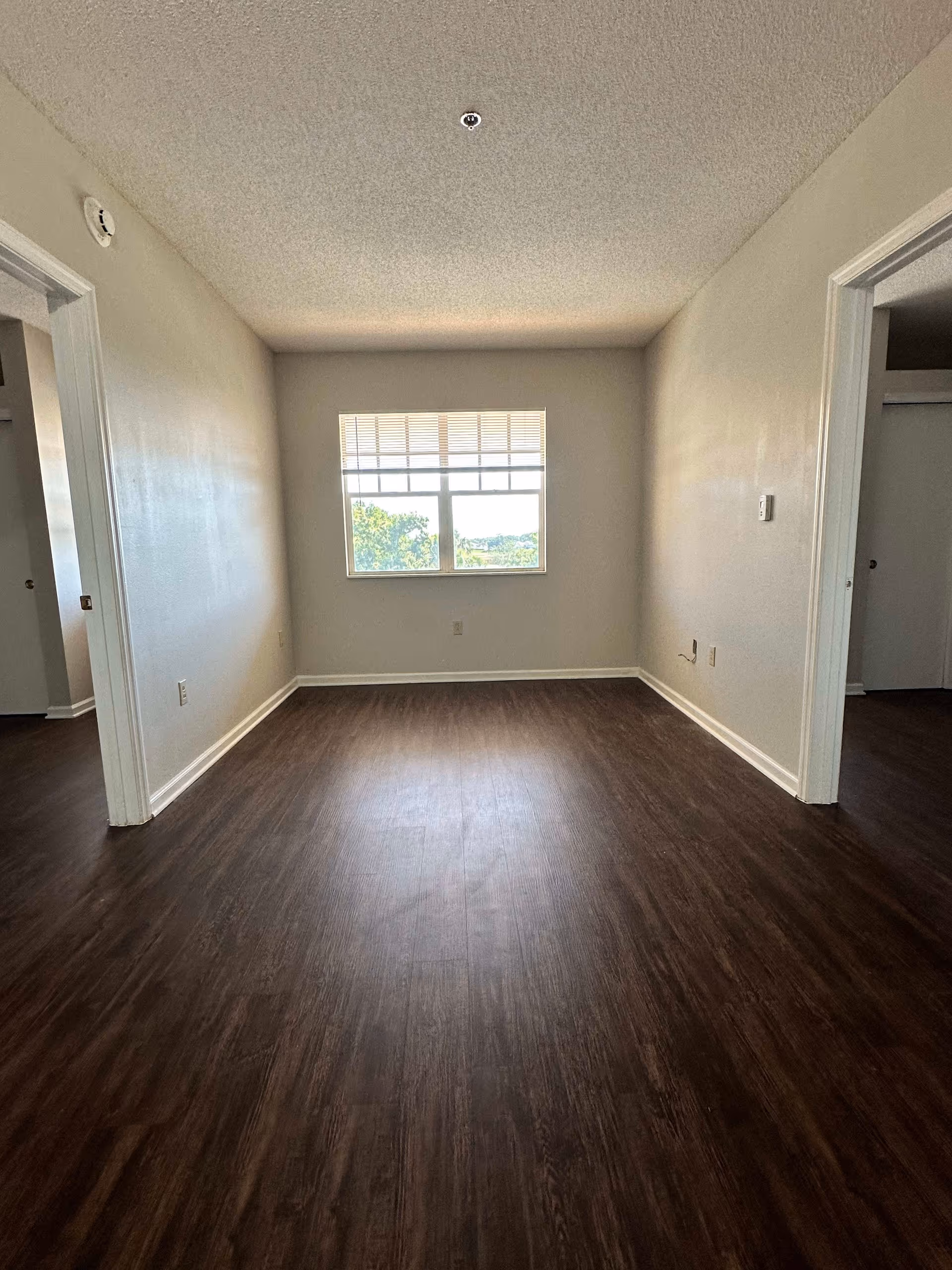 Empty room with dark wood flooring, beige walls, and a window with blinds letting in natural light. There are two doorways on either side of the room leading to other spaces.