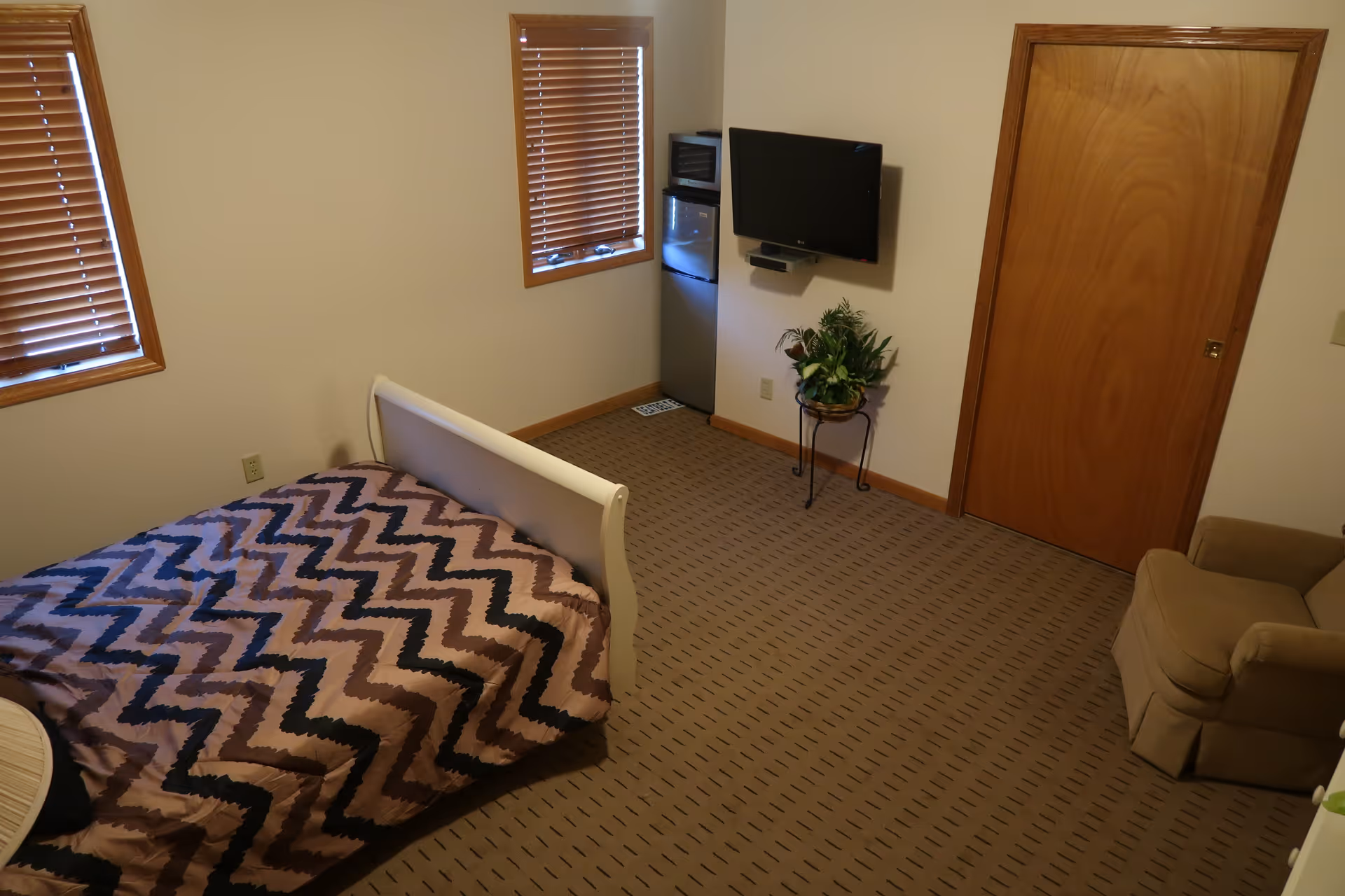 A small bedroom with a bed covered in a zigzag patterned blanket, two windows with wooden blinds, a wall-mounted TV above a small refrigerator and microwave, a potted plant on a stand, a wooden door, and a beige armchair.