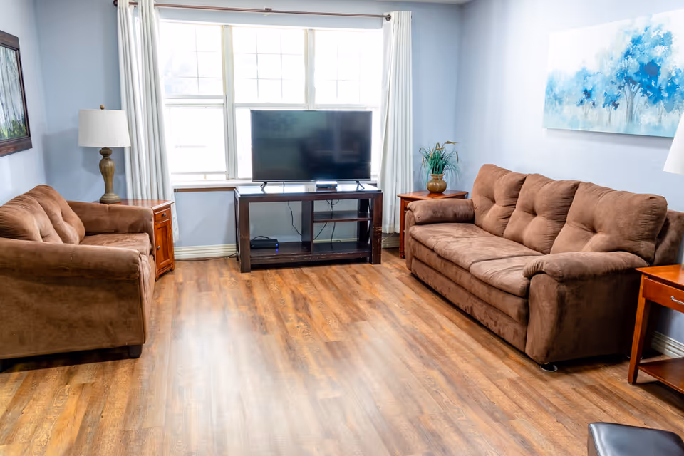 A cozy living room with two brown cushioned sofas facing each other, a flat-screen TV on a dark wooden stand positioned in front of a large window with white curtains, wooden flooring, two wooden side tables with lamps, a potted plant, and a blue abstract painting on the light blue wall.