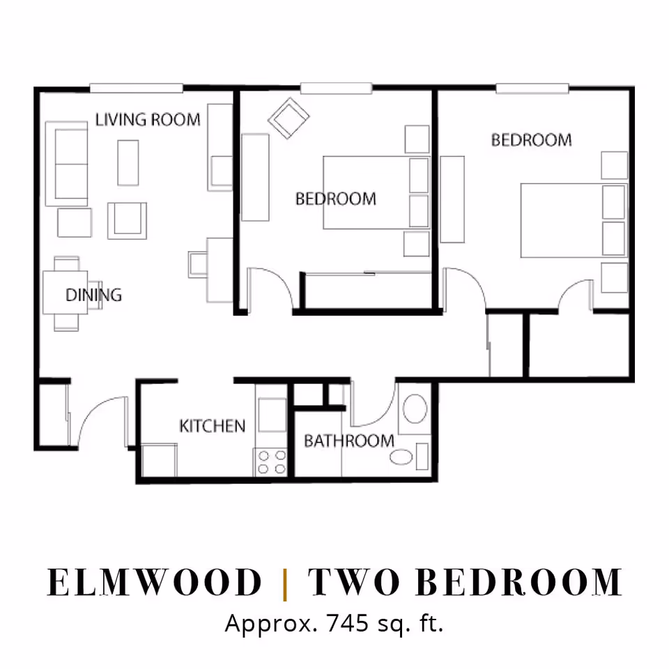 Floor plan of Elmwood two-bedroom apartment with approximate area of 745 sq. ft. It includes a living room with dining area, kitchen, bathroom, and two bedrooms.