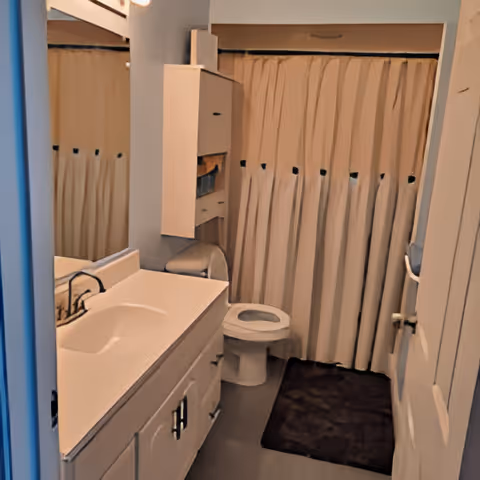 A bathroom with a white sink and countertop, a large mirror above the sink, a toilet next to a shower area with a beige curtain, and a dark bath mat on the floor.