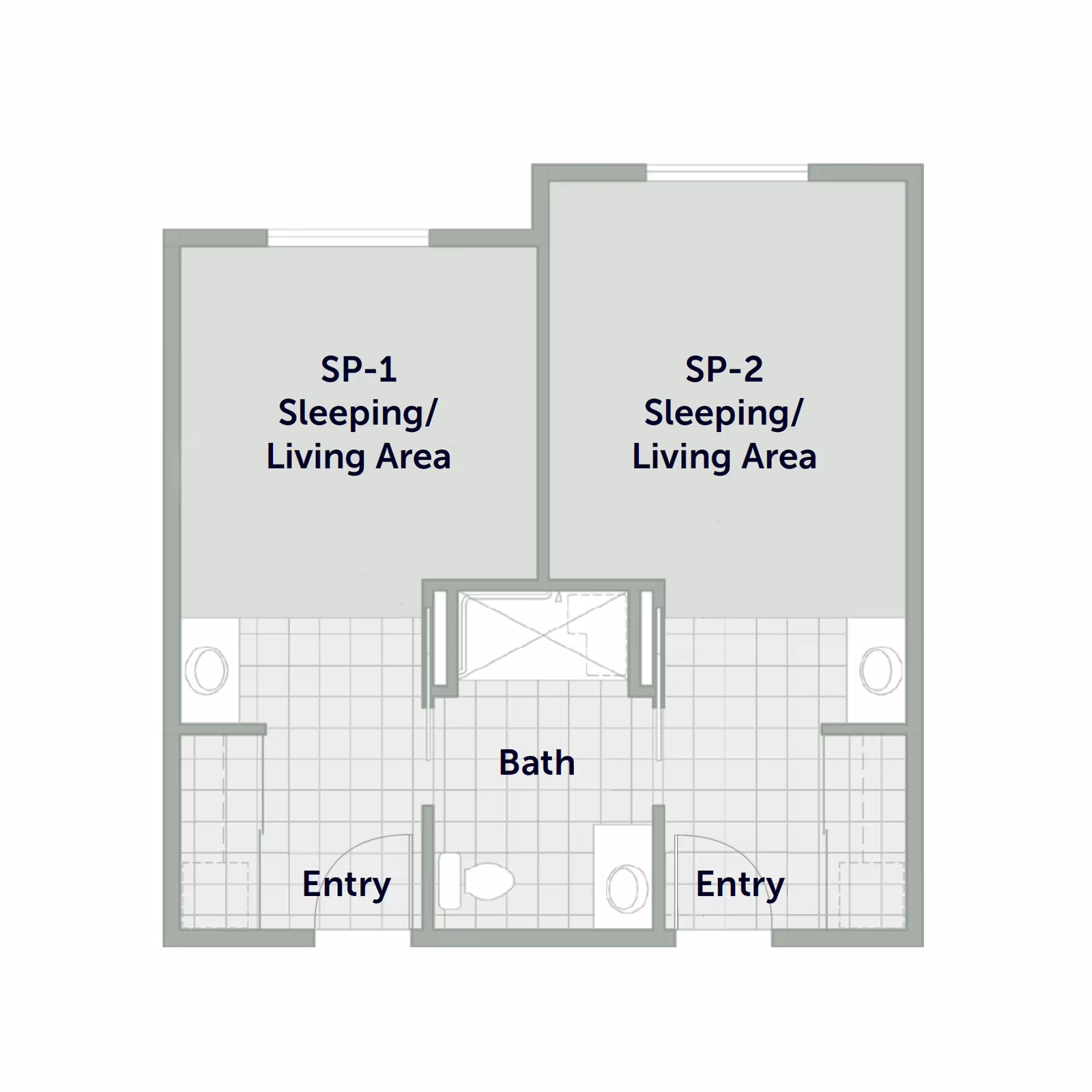 Floor plan of two adjacent sleeping/living areas labeled SP-1 and SP-2 with a shared central bathroom and separate entries.