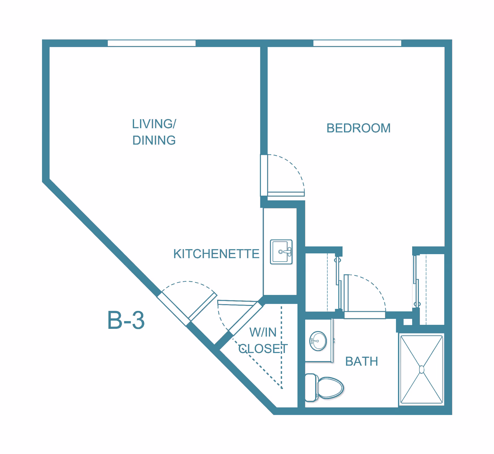 Floor plan layout of a senior living unit labeled B-3, featuring a living/dining area, kitchenette, bedroom, walk-in closet, and bathroom with a shower, toilet, and sink.