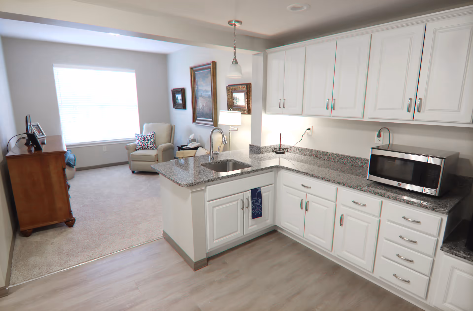 Open-plan kitchen with white cabinets, granite countertops and a sink opening into a carpeted living area with an armchair.