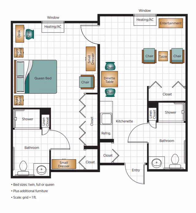 Floor plan of a senior living unit at Belmont Village Senior Living West University showing two bedrooms each with a queen bed, nightstands, desks, chairs, and small dressers. Each bedroom has an attached bathroom with a shower, toilet, and sink. The unit includes a kitchenette with a refrigerator, dinette table with chairs, an entertainment area with chairs and a table, multiple closets, linen closets, and heating/AC units near windows. The scale grid represents 1 foot.