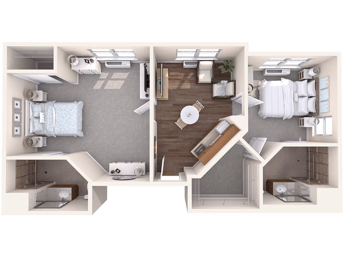 3D floor plan of an apartment with two bedrooms, two bathrooms, a living room with two chairs and a TV, and a kitchen with a dining table and two chairs. Both bedrooms have beds and nightstands, and the bathrooms have showers and sinks.