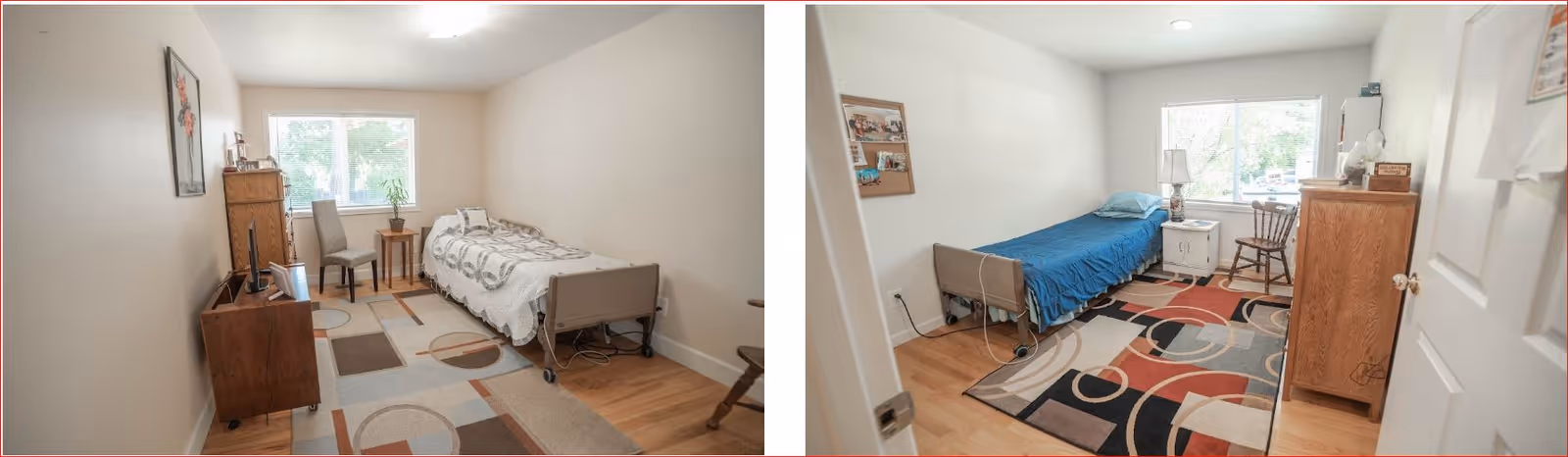 Two separate bedrooms in a senior living facility, each with a single bed, wooden furniture including dressers and chairs, windows letting in natural light, and colorful area rugs on wooden floors.