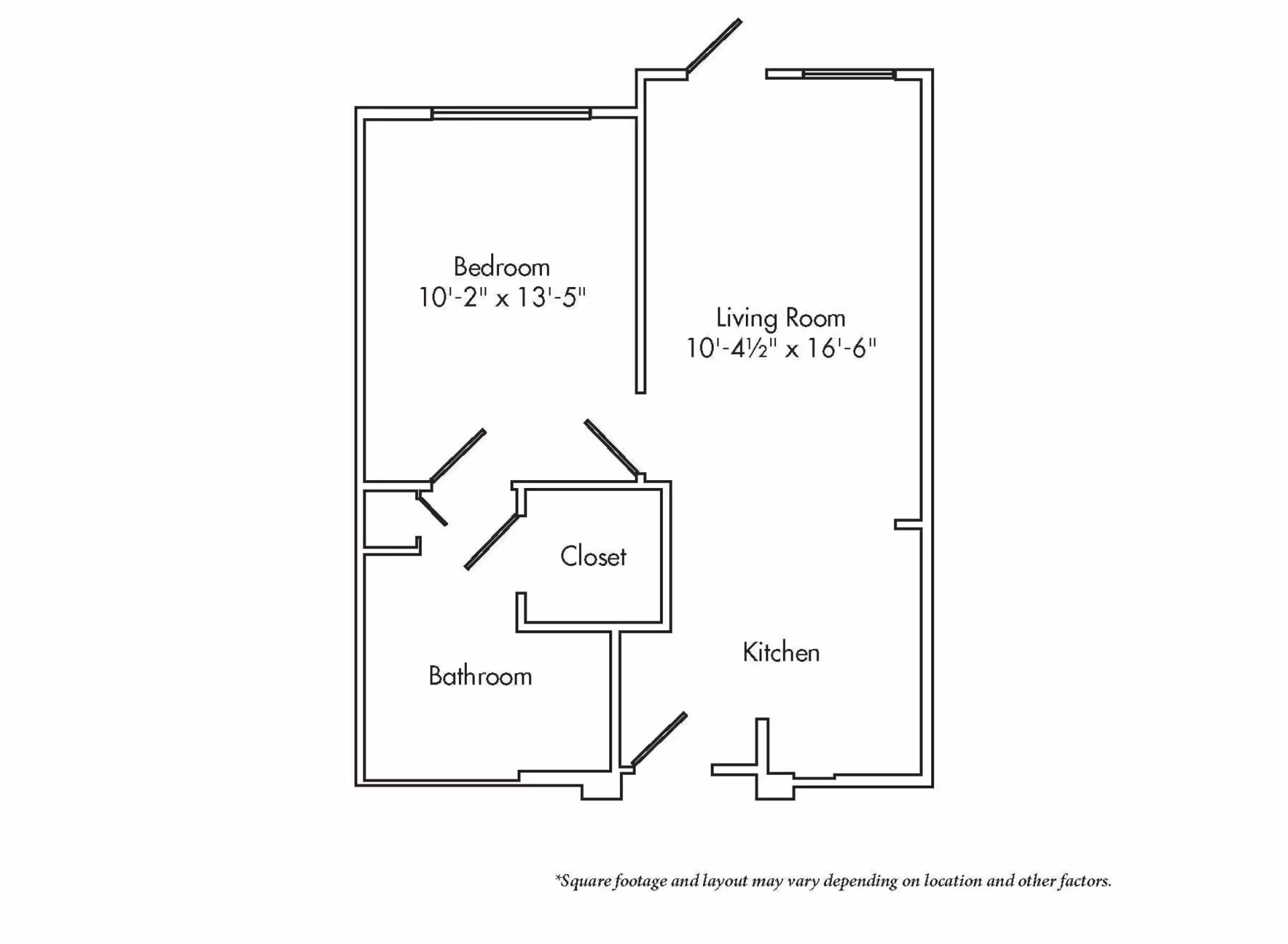 Floor plan layout of an assisted living unit at The Claiborne at Hattiesburg Assisted Living, showing a bedroom, living room, kitchen, bathroom, and closet with dimensions for the bedroom and living room.
