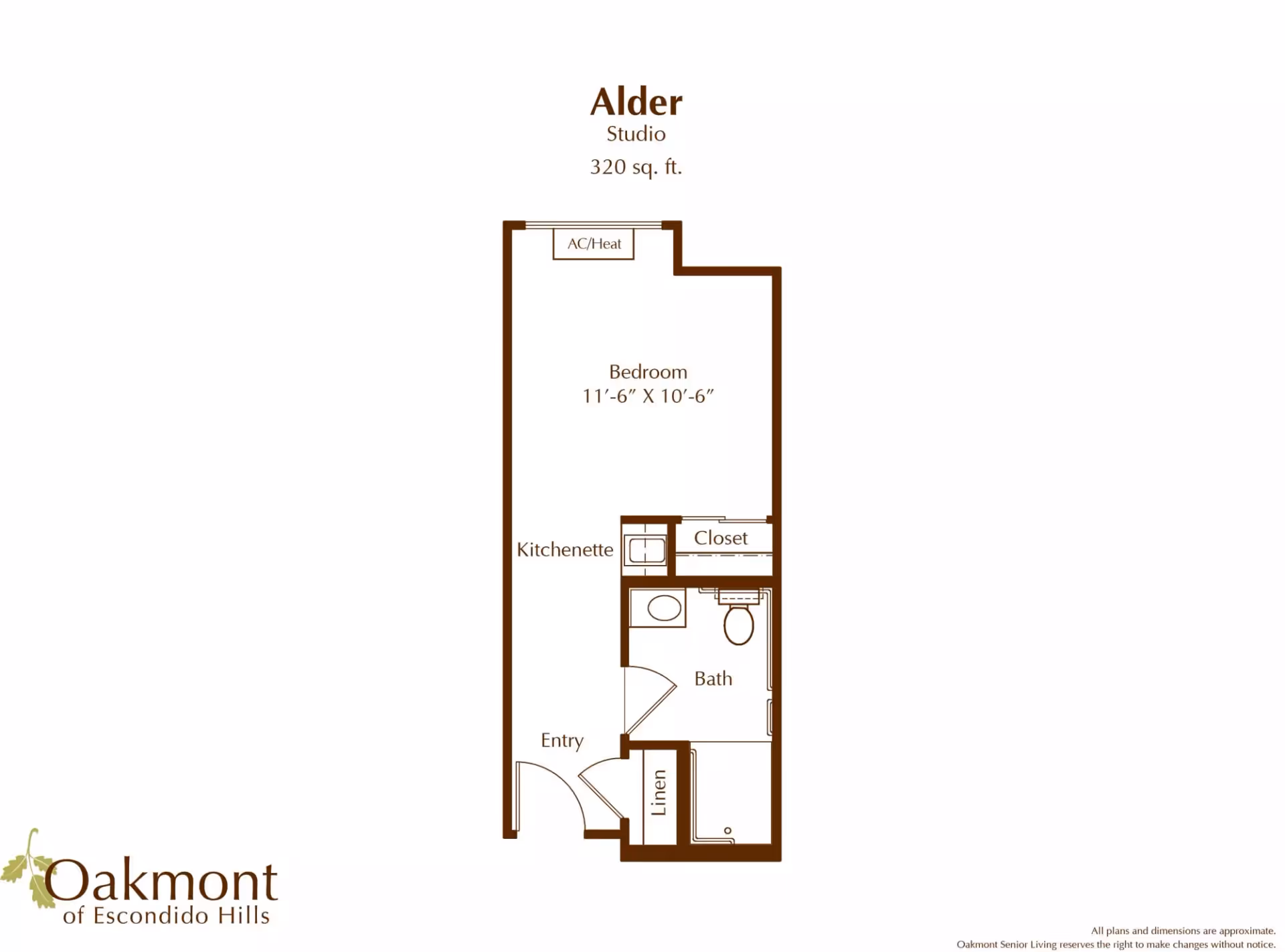 Floor plan of the Alder studio apartment at Oakmont of Escondido Hills, showing a 320 sq. ft. layout with a bedroom measuring 11 feet 6 inches by 10 feet 6 inches, a kitchenette, entry, bath, closet, linen closet, and AC/Heat unit.