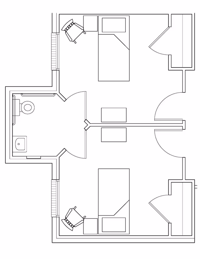 Architectural floor plan showing two adjacent bedrooms each with a bed, a chair, and a small table, connected by a shared bathroom with a toilet and sink.