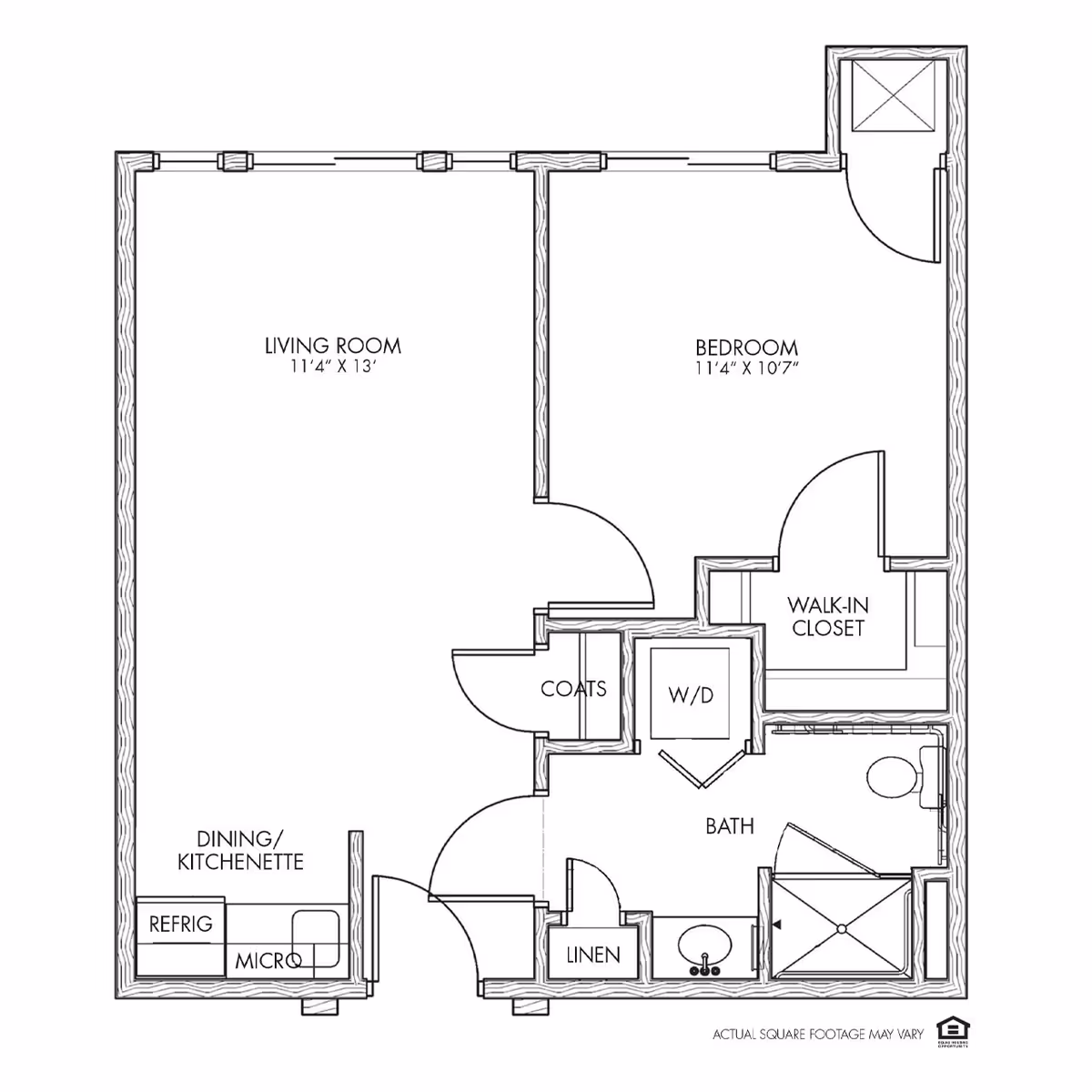 Floor plan of a senior living unit at Whispering Creek Senior Living showing a living room, bedroom with walk-in closet, bathroom with shower, linen closet, coat closet, dining/kitchenette area with refrigerator and microwave, and a washer/dryer unit.