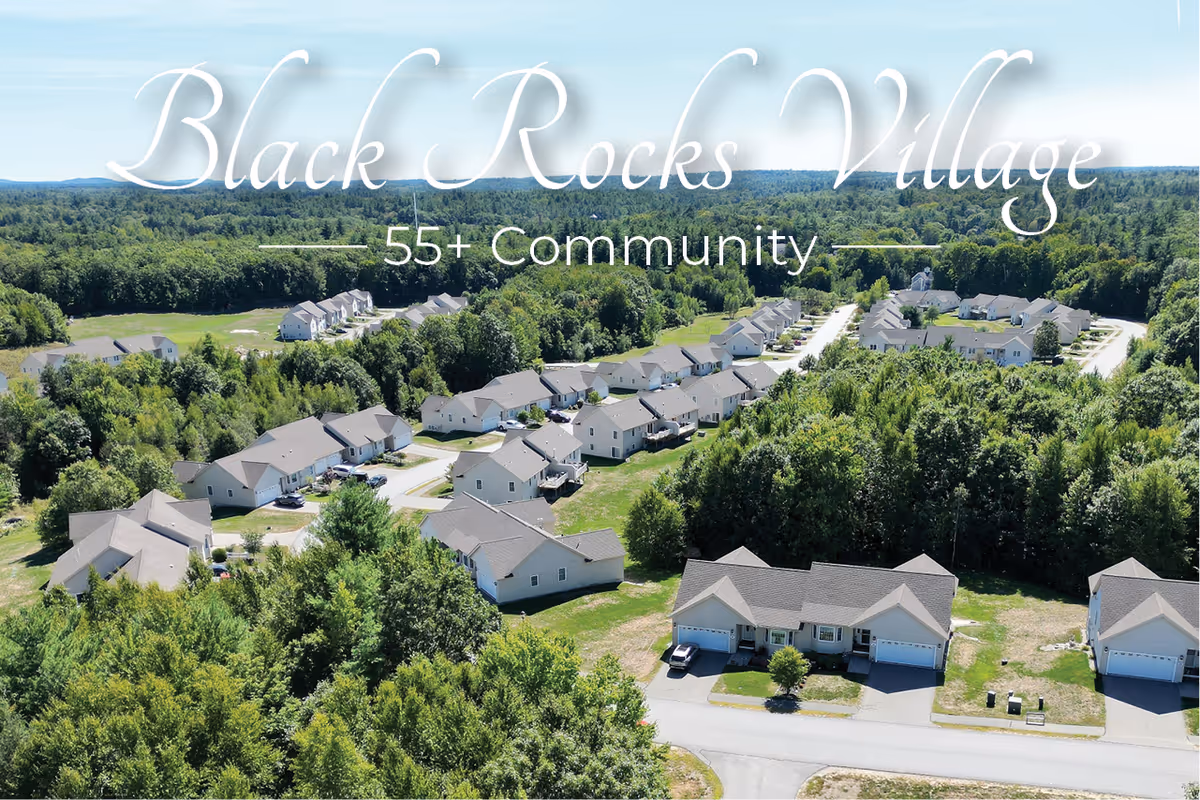 Aerial view of Black Rocks Village, a 55+ community featuring multiple single-story homes surrounded by trees and greenery under a clear blue sky.
