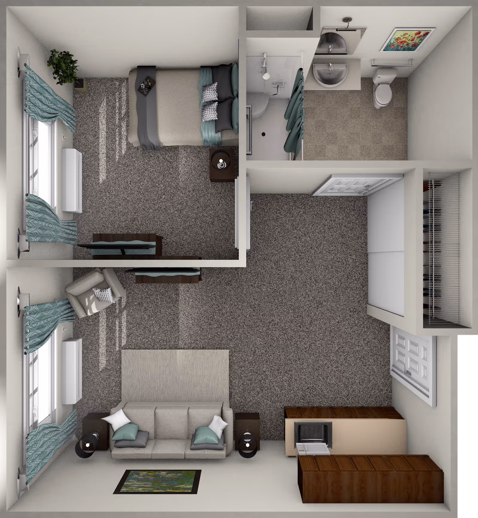 Top-down rendered floor plan of a one-bedroom senior living unit showing a living room with sofa, kitchenette, bedroom, and bathroom.