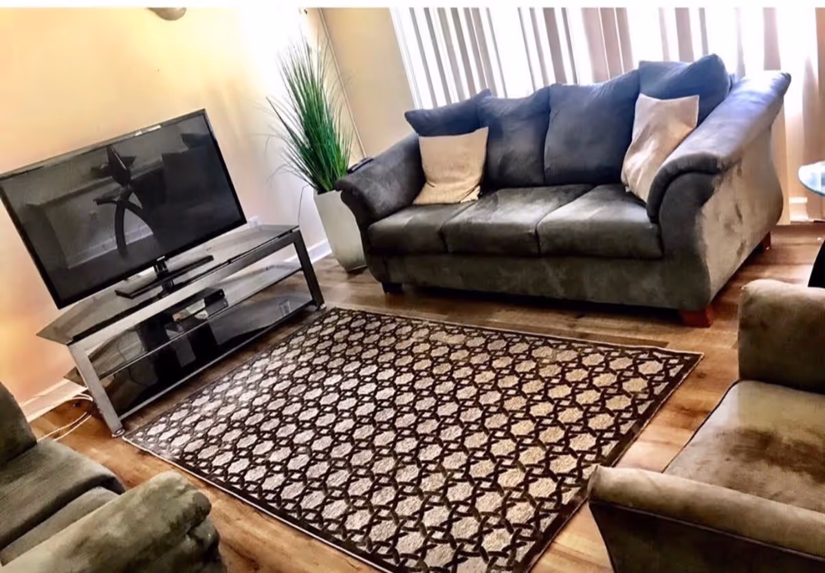 A living room with a dark gray sofa with two beige pillows, two matching armchairs, a patterned area rug, a flat-screen TV on a glass TV stand, and a tall green plant in a white pot near the window with vertical blinds.