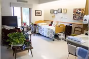 A furnished senior-care bedroom with a bed, TV, chairs, plants, and framed pictures on the wall.