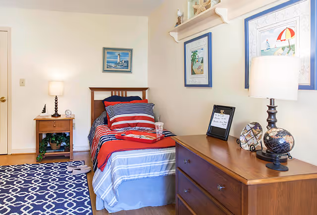 A cozy bedroom with a single bed dressed in red, white, and blue striped bedding. There is a wooden nightstand with a lamp, clock, and small decorative items next to the bed. A blue and white patterned rug is on the floor. On the opposite side, there is a wooden dresser with a lamp, a globe, a framed note, and decorative plates. The walls are adorned with framed pictures and a shelf with small decorations.