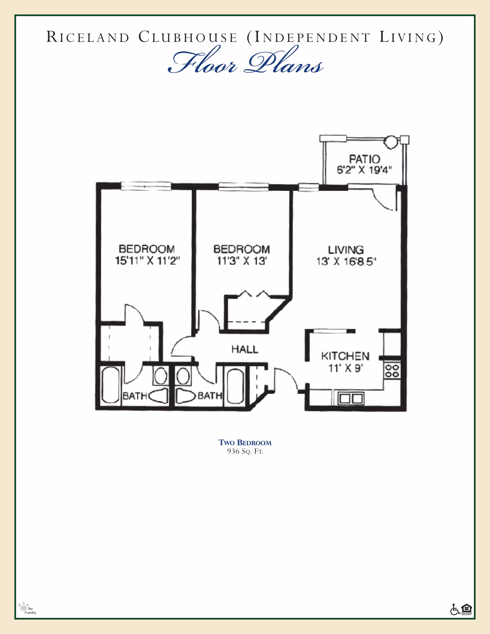 Floor plan of Riceland Clubhouse Independent Living showing two bedrooms, two bathrooms, a living room, kitchen, hall, and a patio. The bedrooms measure 15'11" x 11'2" and 11'3" x 13'. The living room measures 13' x 16'8.5". The kitchen measures 11' x 9'. The patio measures 6'2" x 19'4". The total area is 936 square feet.