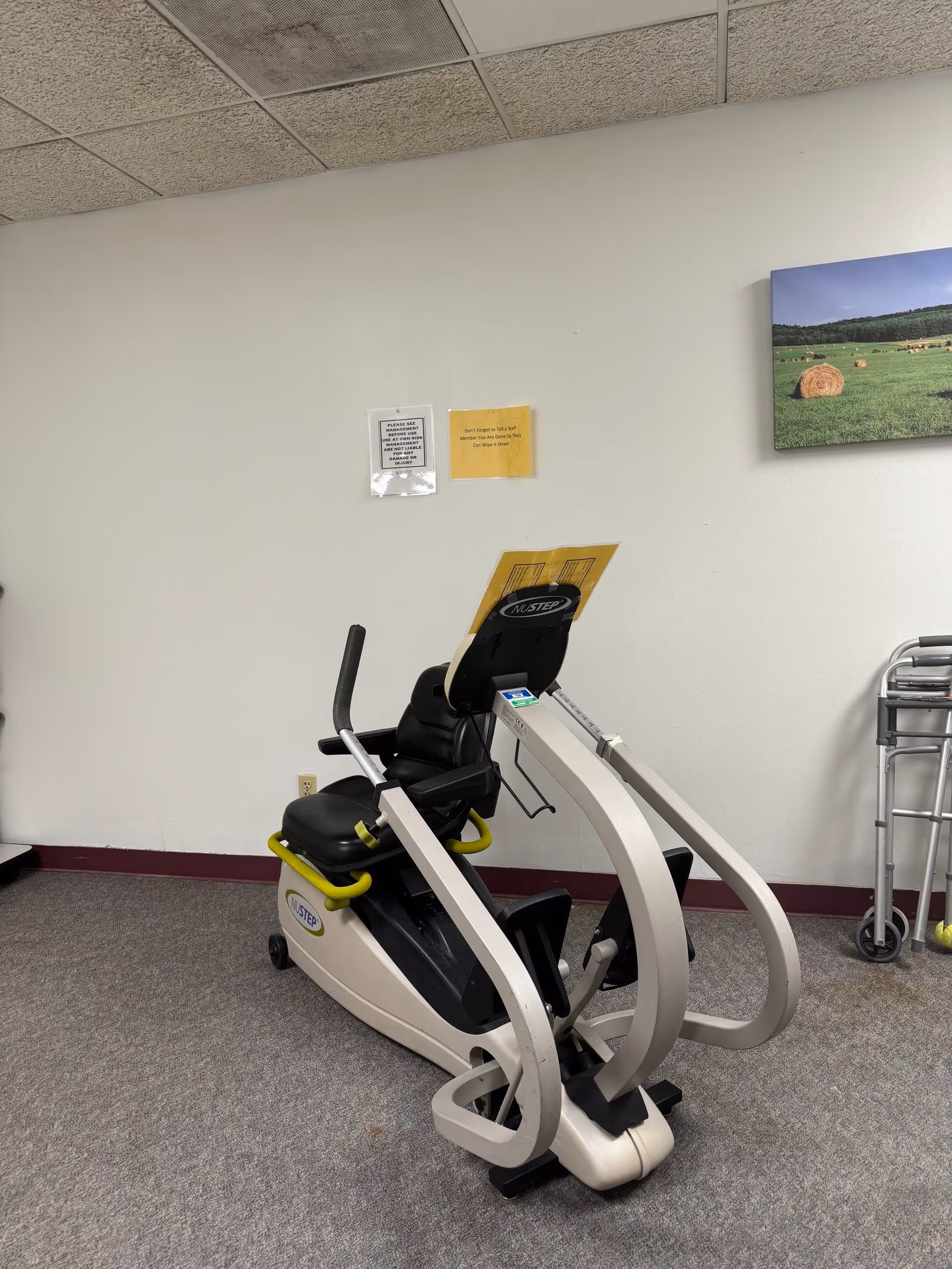 A recumbent exercise machine sits on carpet in a plain white-walled room with a landscape print on the wall and a walker nearby.