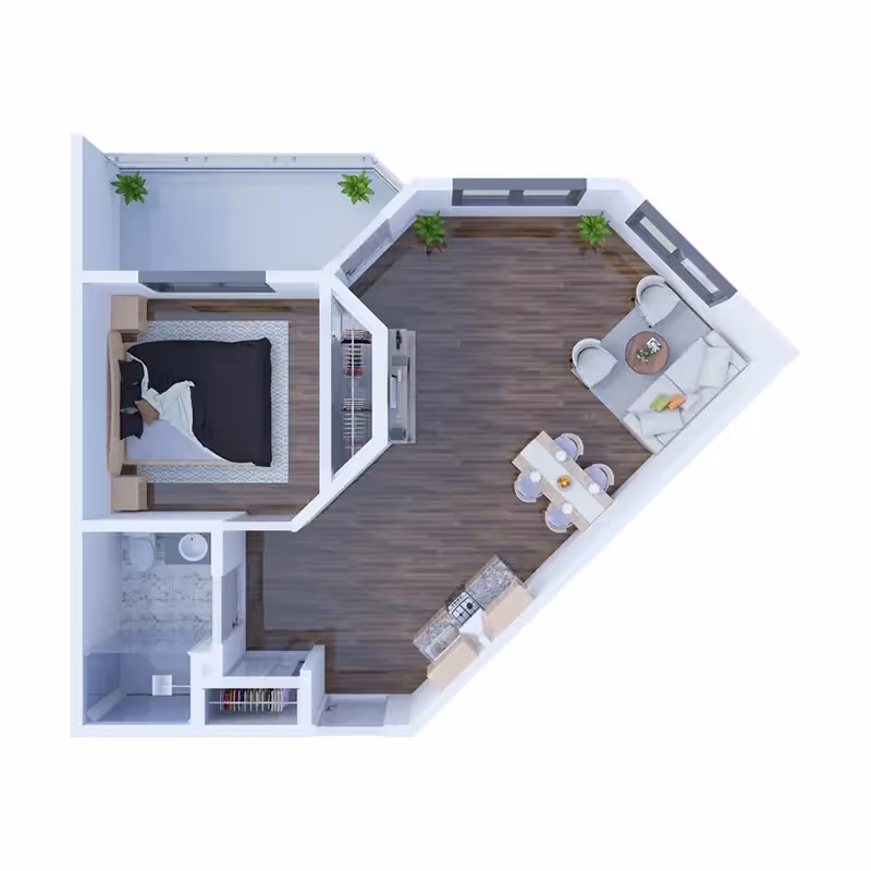 Top-down 3D floor plan of a one-bedroom apartment showing an open living, dining, and kitchen area, a bedroom, bathroom, and small balcony.