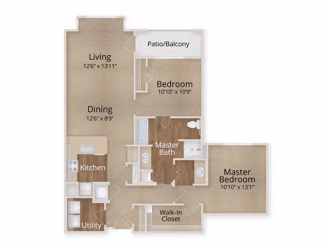 Floor plan of a senior living apartment at Arabella of Longview Senior Living showing a living and dining area, kitchen, utility room, bedroom, master bedroom with walk-in closet, master bath, pantry, linen closet, and a patio/balcony.