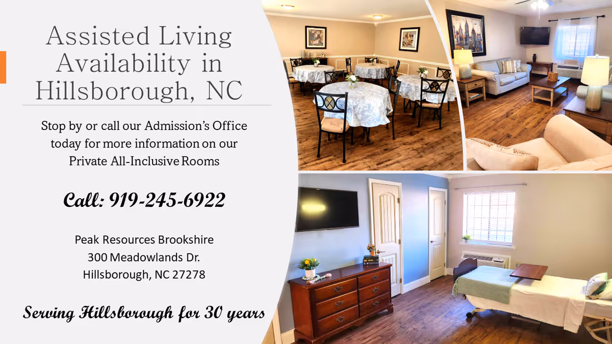 Promotional collage showing a dining area, living room, and a resident bedroom with contact details for Peak Resources Brookshire assisted living.