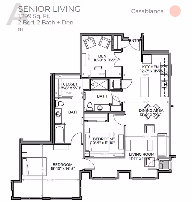 Floor plan of a senior living apartment named Casablanca with 1299 square feet, featuring 2 bedrooms, 2 bathrooms, a den, kitchen, dining area, living room, and closet spaces.
