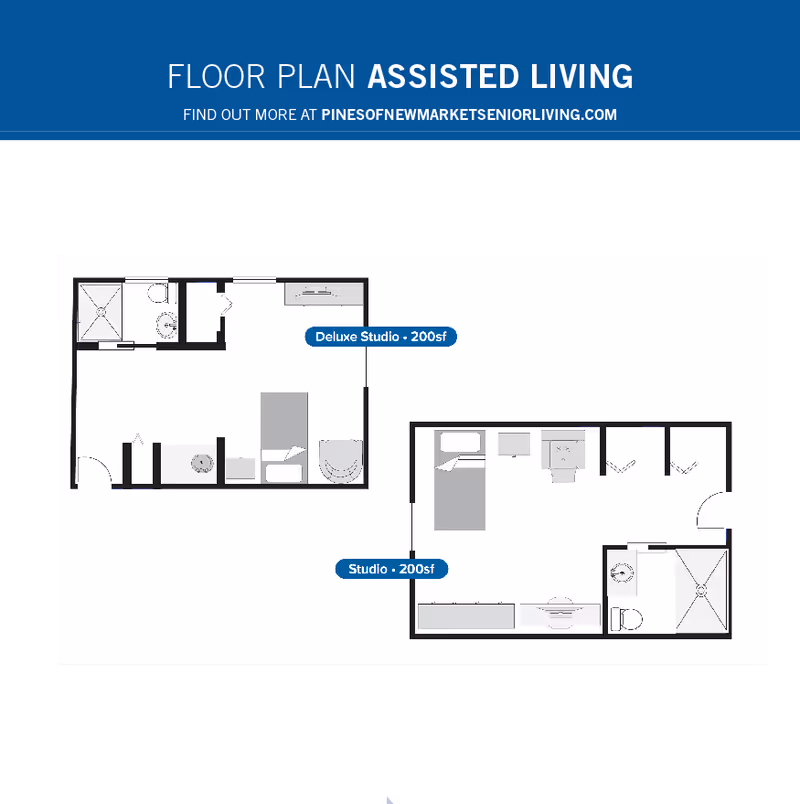 Floor plan layout for assisted living showing two studio apartments: a Deluxe Studio of 200 square feet with a bathroom, kitchenette, and living/sleeping area; and a Studio of 200 square feet with a bathroom, kitchenette, and living/sleeping area.
